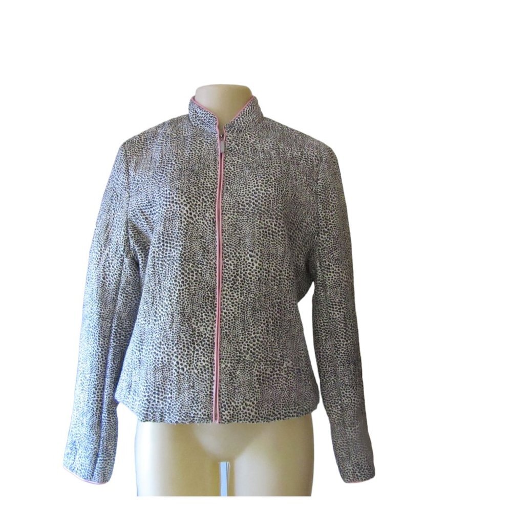 New w Tags, Sillkland Zip Up Silk Jacket Black/White Leopard Print in Sz PL